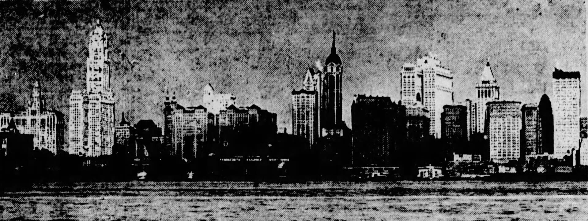 Lower Manhattan skyline seen from the water, around 1920